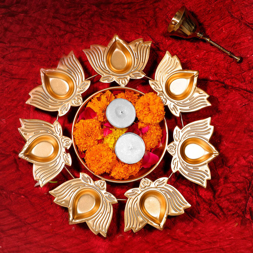 Aksharveda Metallic Lotus Urli - 10 inches