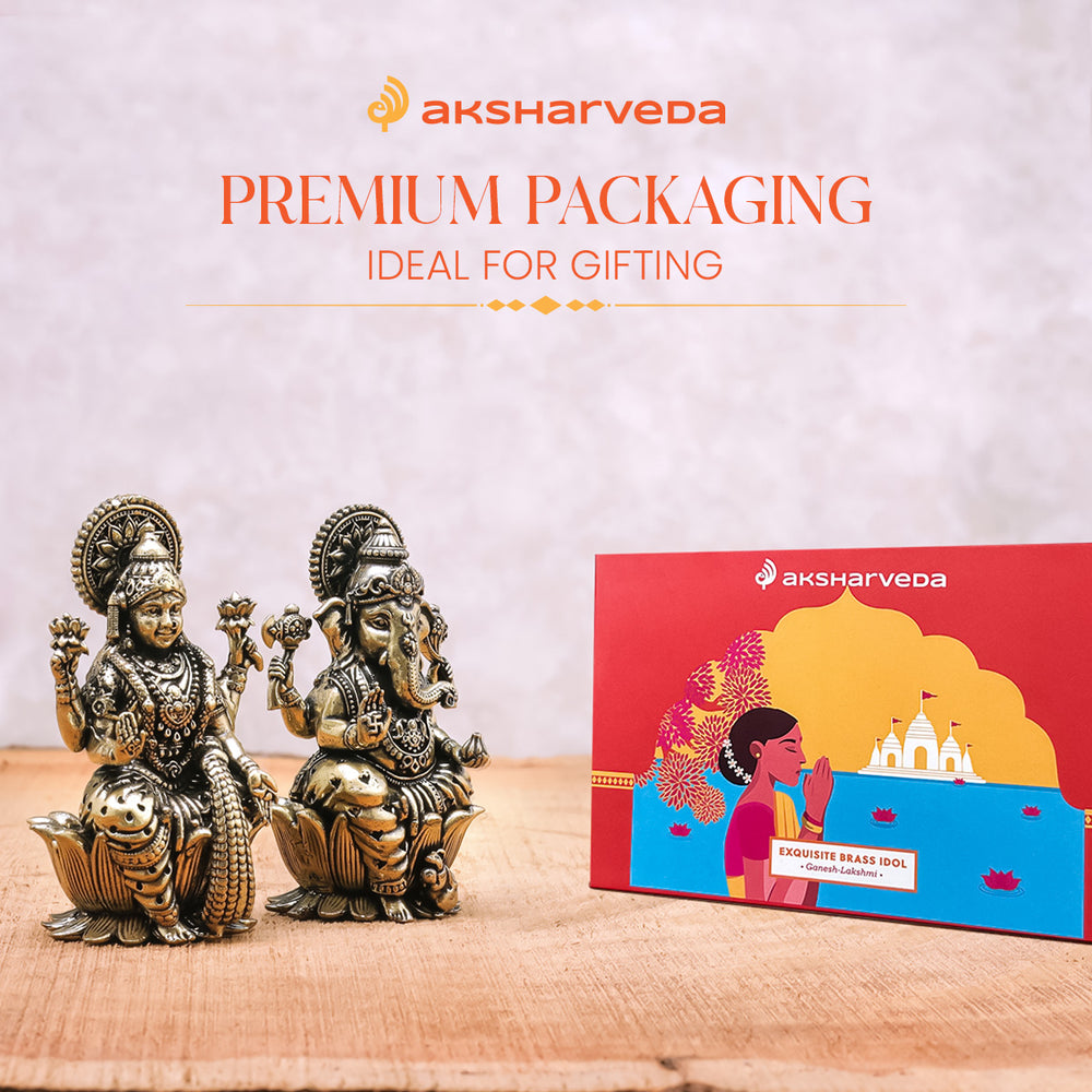 Aksharveda Intricate Brass Lakshmi Ganesha Murti - 2.5 inches