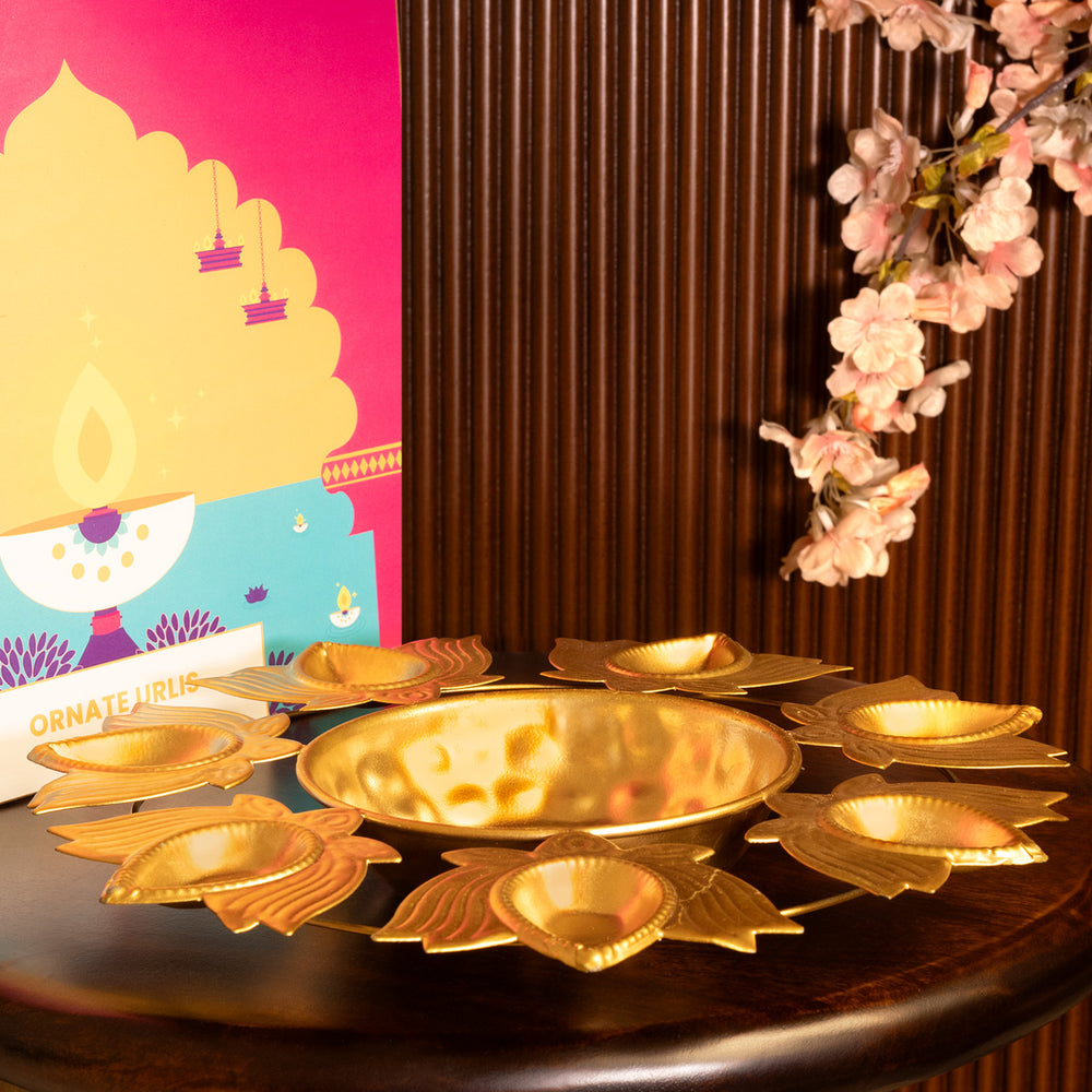 Aksharveda Metallic Lotus Urli - 10 inches
