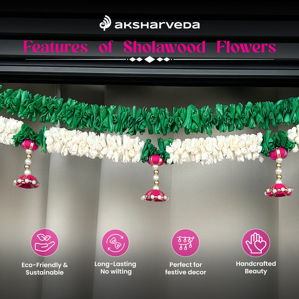 Aksharveda Sholawood Flower Toran with hangings (White, Pink)